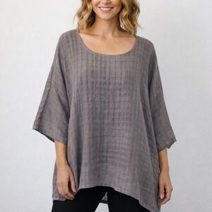 La Fixsun Womens Grey 100% Jakar Linen Textured Oversized Tunic Top L CR2 180
